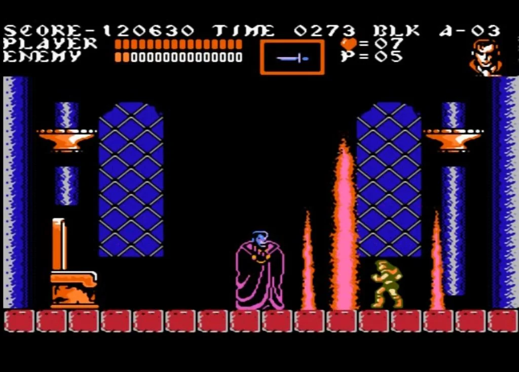 Confronto contra Drácula em Castlevania III Dracula's Curse, com cenário gótico e gráficos originais do NES