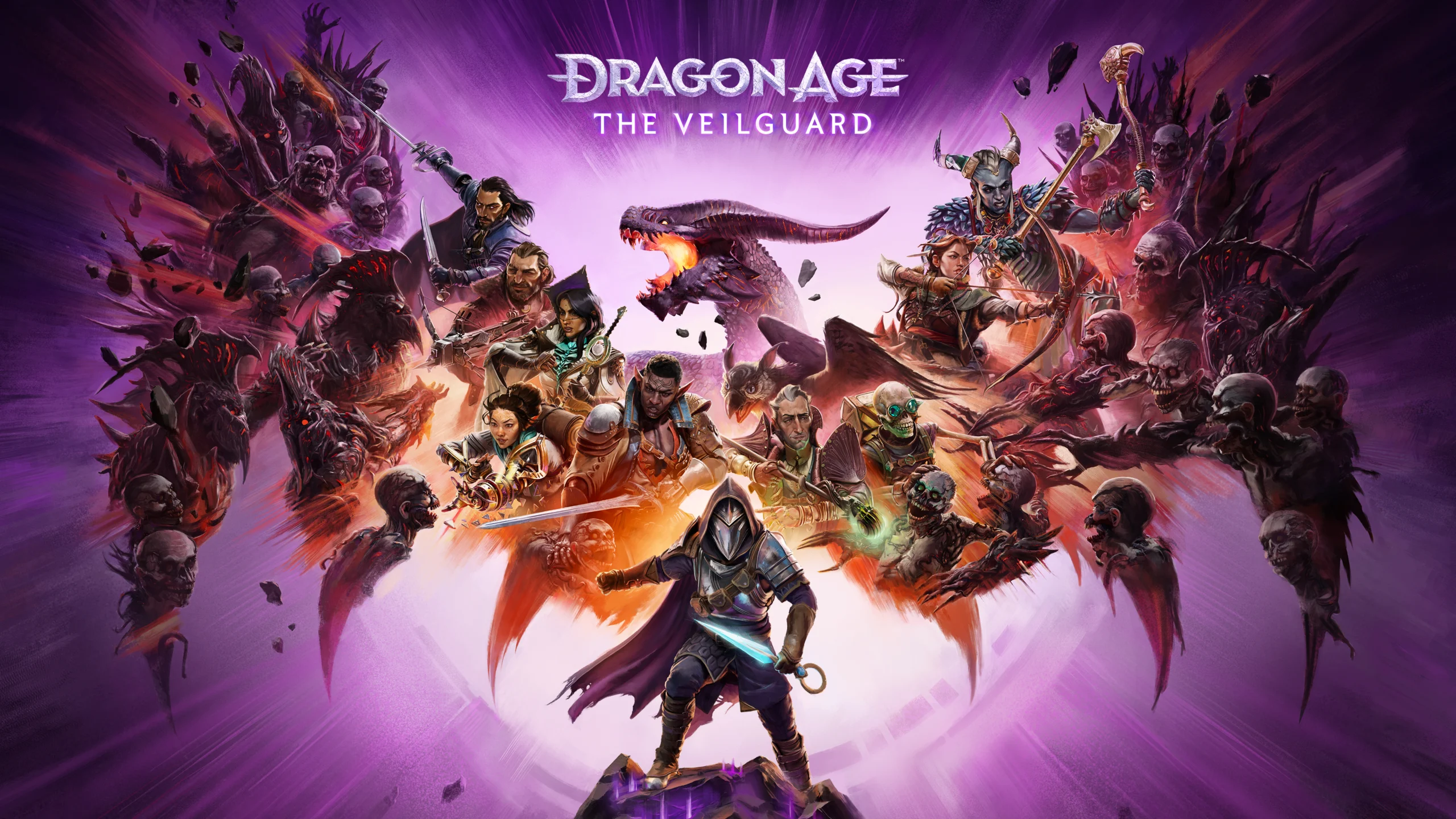 Arte oficial de Dragon Age The Veilguard com Rook, aliados e inimigos em cenário fantástico