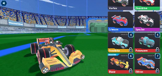 Garagem de RocketGoal.io com carro selecionado e lista de veículos que podem ser desbloqueados