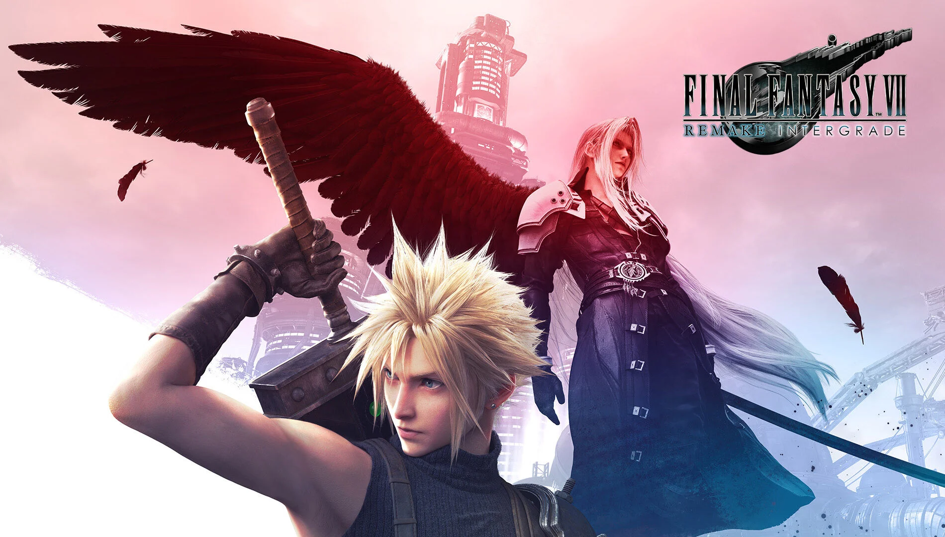 Cloud Strife empunha sua espada diante de Sephiroth na arte oficial de Final Fantasy VII Remake Intergrade