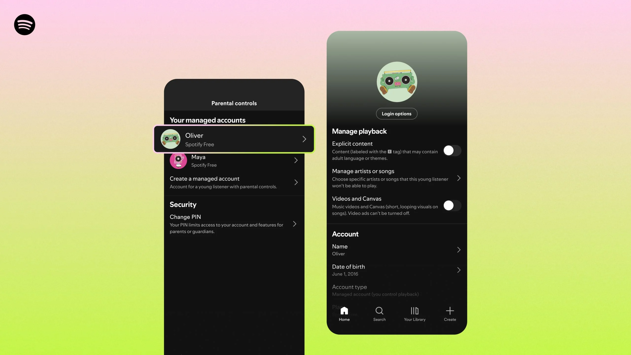 Tela de controles parentais do Spotify e perfil infantil de uma conta monitorada