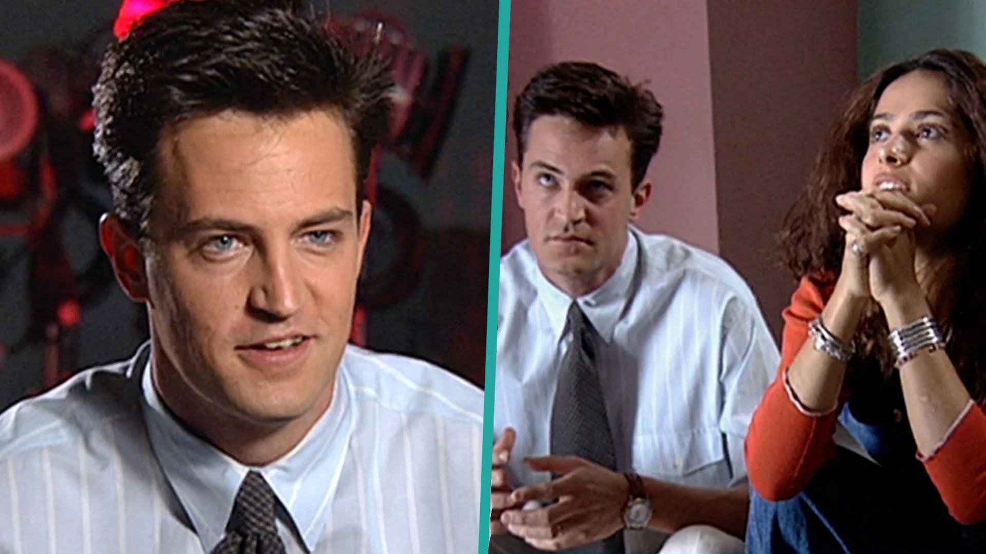 Matthew Perry e Salma Hayek em entrevista nos bastidores do filme E Agora, Meu Amor?, lançado em 1997