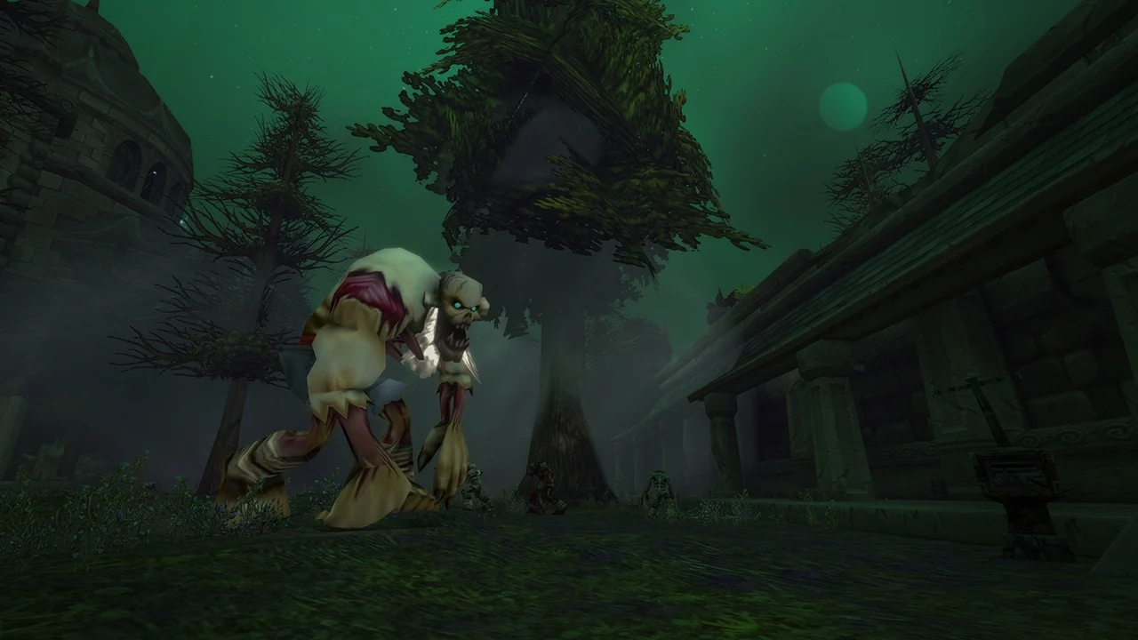 Criatura do Flagelo diante das ruínas de Lordaeron em World of Warcraft Forever