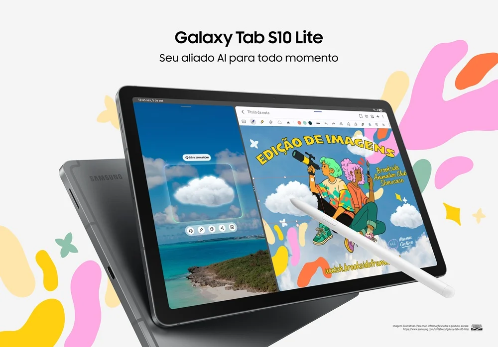 Samsung Galaxy Tab S10 Lite cinza com caneta S Pen sobre a tela