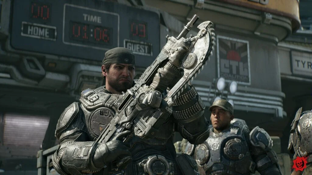 Marcus Fenix segura a Lancer durante a campanha de Gears of War E-Day