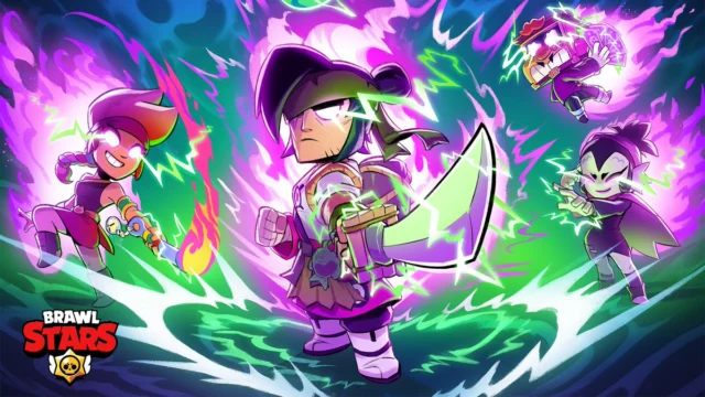 Arte oficial de Brawl Stars com personagens em combate e efeitos de hipercarga