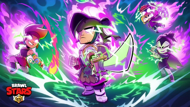 Arte oficial de Brawl Stars com personagens em combate e efeitos de hipercarga