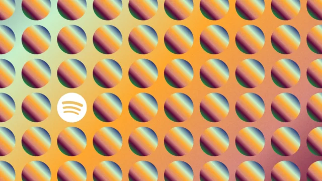 Arte de divulgação do Spotify com símbolo do aplicativo e formas coloridas sobre fundo amarelo