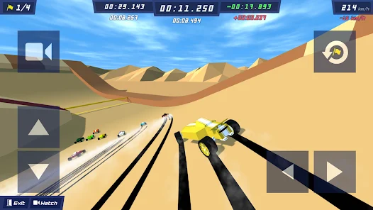 Carro amarelo percorre uma pista inclinada no deserto em PolyTrack, com controles de toque na tela