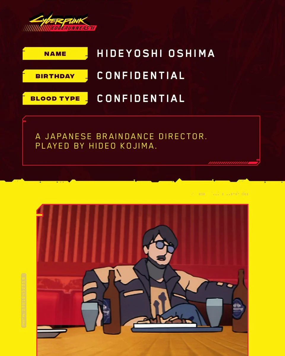Ficha oficial de Hideyoshi Oshima com o personagem sentado em uma mesa em Cyberpunk Edgerunners 2