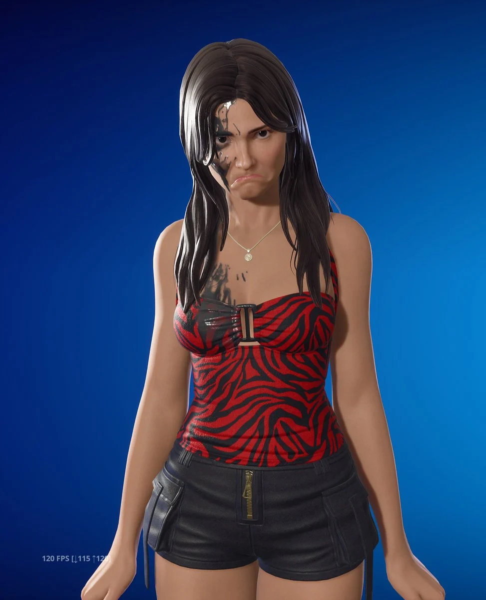 Variante Splatter da skin Nikki em Fortnite com manchas escuras no rosto, top vermelho e preto e shorts