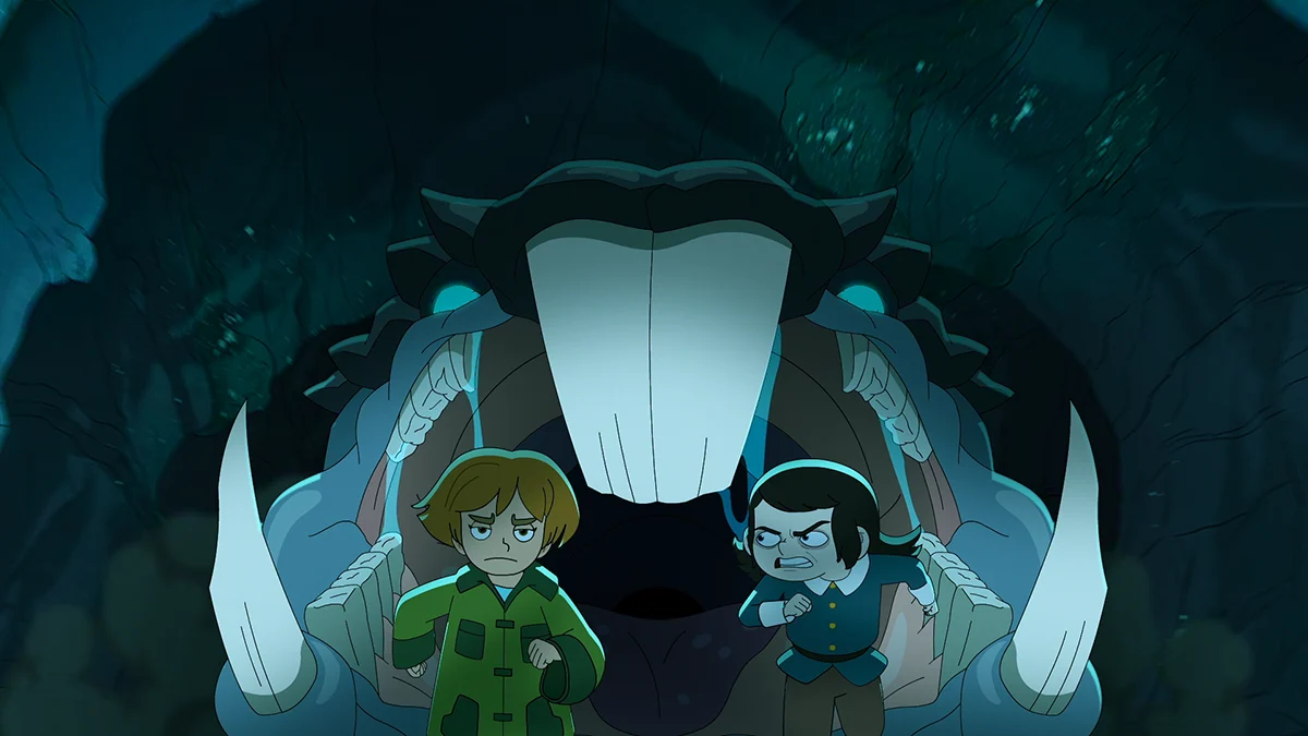 Esther e Abaddon enfrentam uma criatura de boca enorme dentro de uma caverna na 2ª temporada de Hotel Assombrado