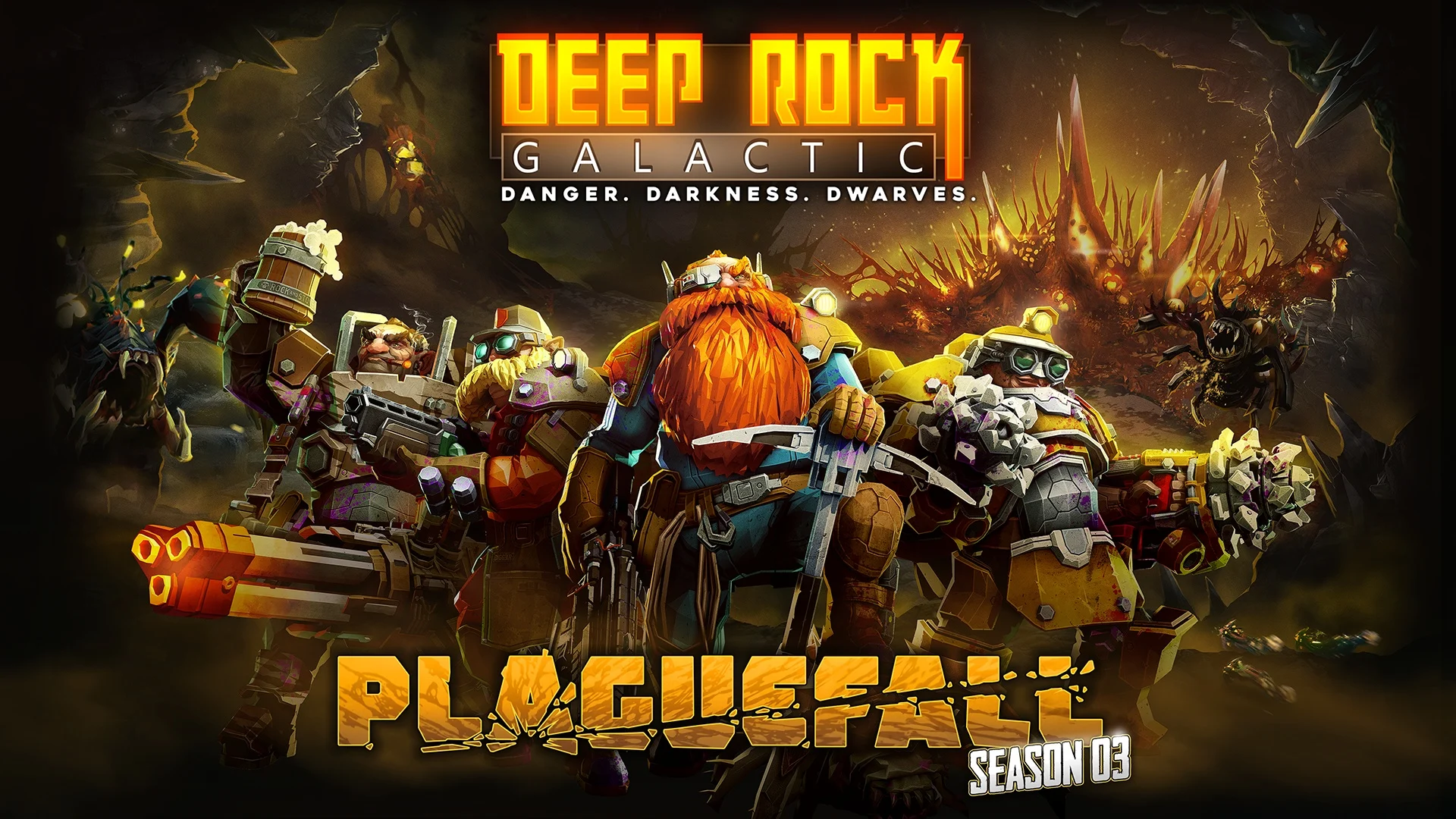 Arte promocional de Deep Rock Galactic com quatro anões espaciais armados em uma caverna