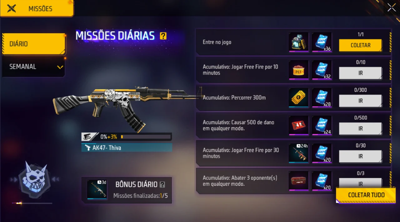 Missões diárias do Free Fire com recompensas de EXP do Passe Booyah e botões de coleta.