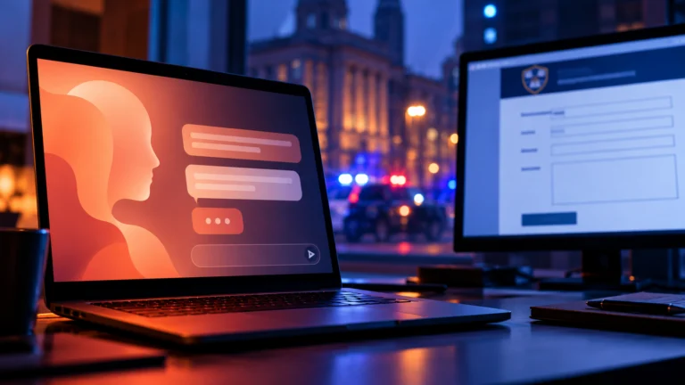 Ilustração gerada por IA de computadores com interfaces digitais e luzes policiais ao fundo; não é fotografia do incidente