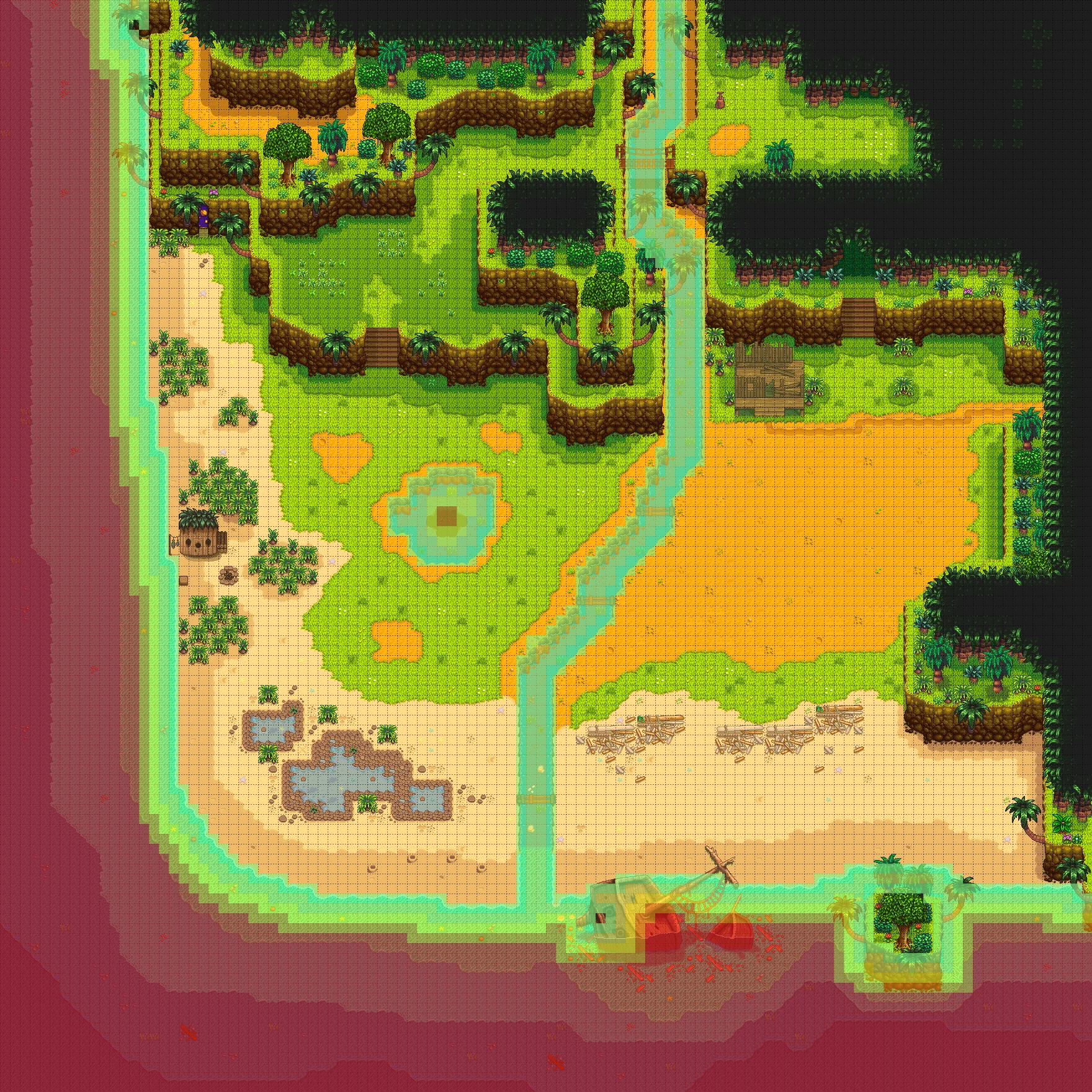 Mapa da região oeste da Ilha Gengibre em Stardew Valley mostrando rio, lagoa e zonas de pesca