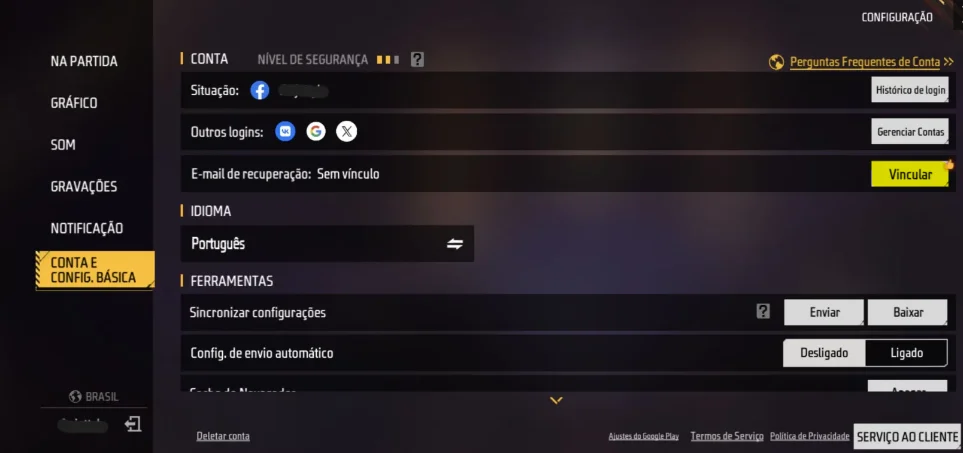 Tela das configurações do Free Fire com opção para vincular e-mail de recuperação