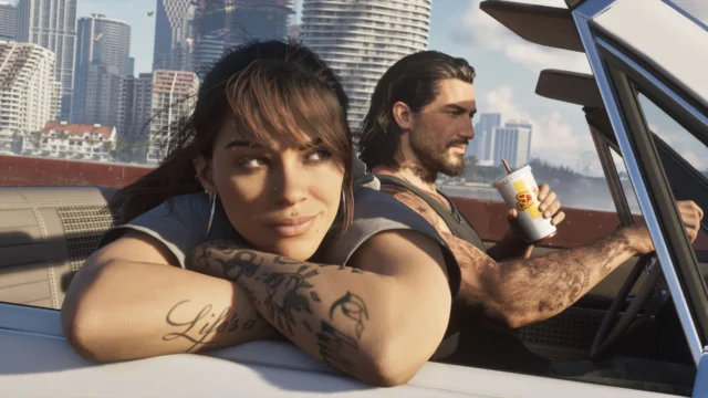 Jason e Lucia em um carro conversível em imagem oficial de GTA 6