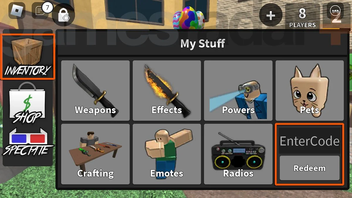 Menu para resgatar códigos de Murder Mystery 2