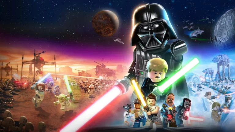 Darth Vader, Luke Skywalker e outros personagens LEGO Star Wars em cenário inspirado nos filmes