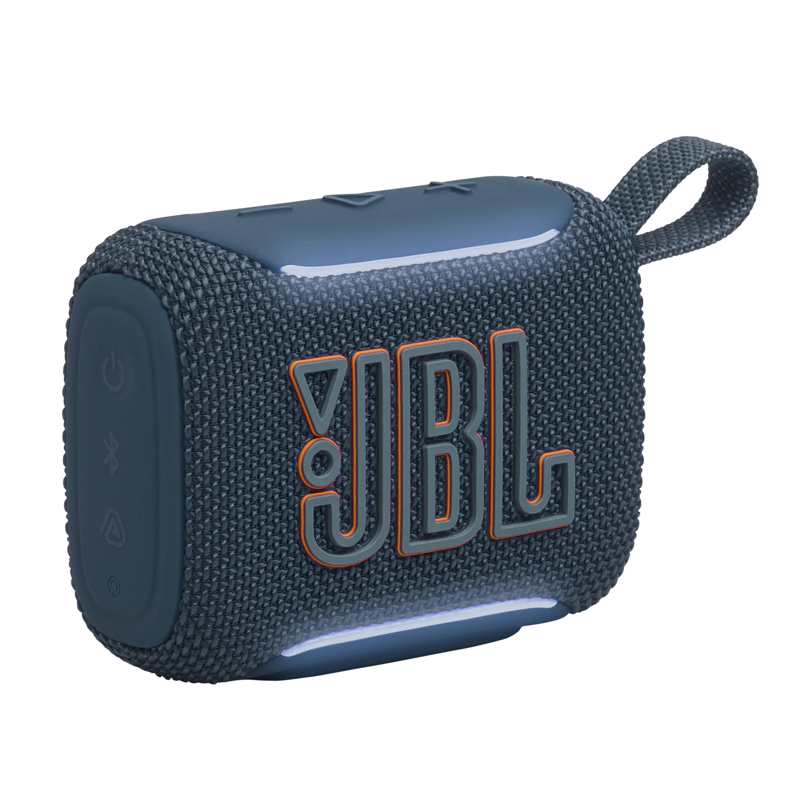 JBL Go 5 azul, com grade de tecido, logo frontal e alça para transporte