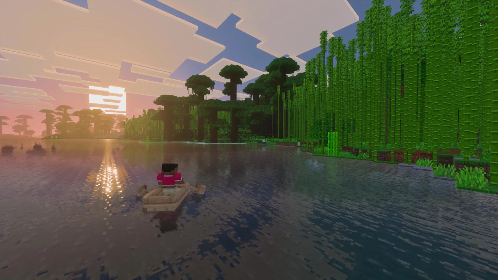 Personagem de Minecraft navega de barco por rio com reflexos do pôr do sol e floresta de bambu