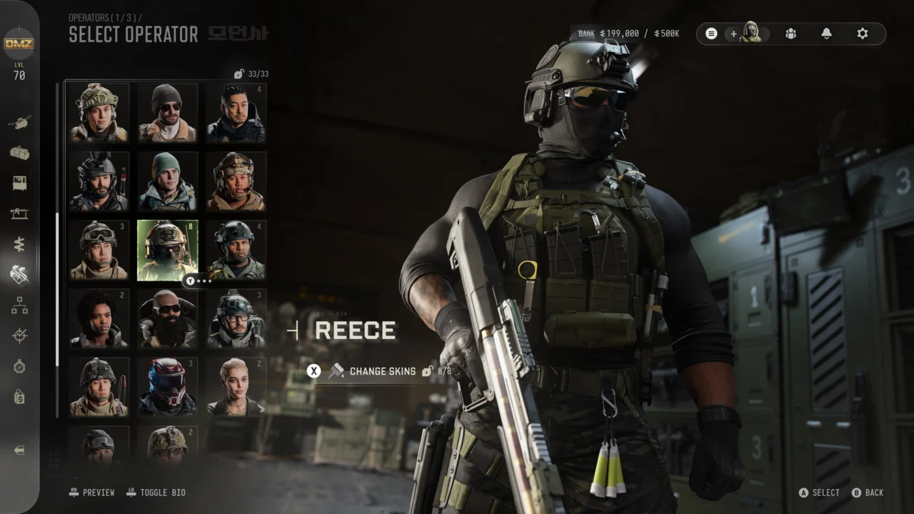 Interface oficial de seleção de operadores de Modern Warfare 4 DMZ com lista de personagens e atalhos laterais da Base de Operações Avançada