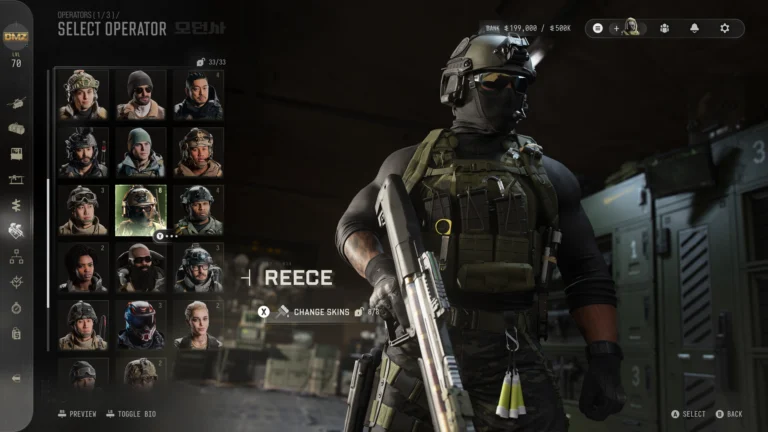 Interface oficial de seleção de operadores de Modern Warfare 4 DMZ com lista de personagens e atalhos laterais da Base de Operações Avançada