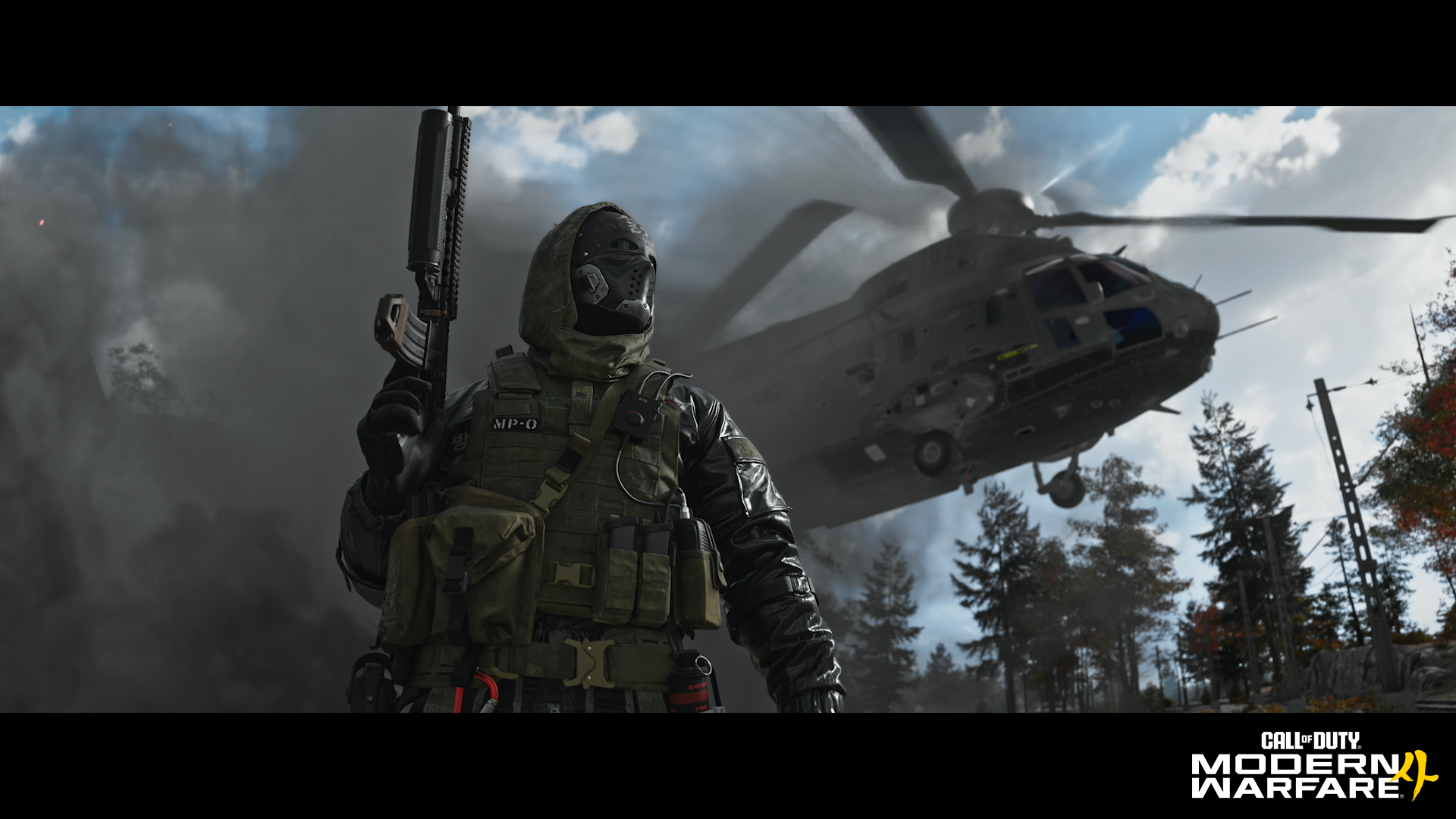 Operador mascarado diante de helicóptero em cena de Call of Duty Modern Warfare 4