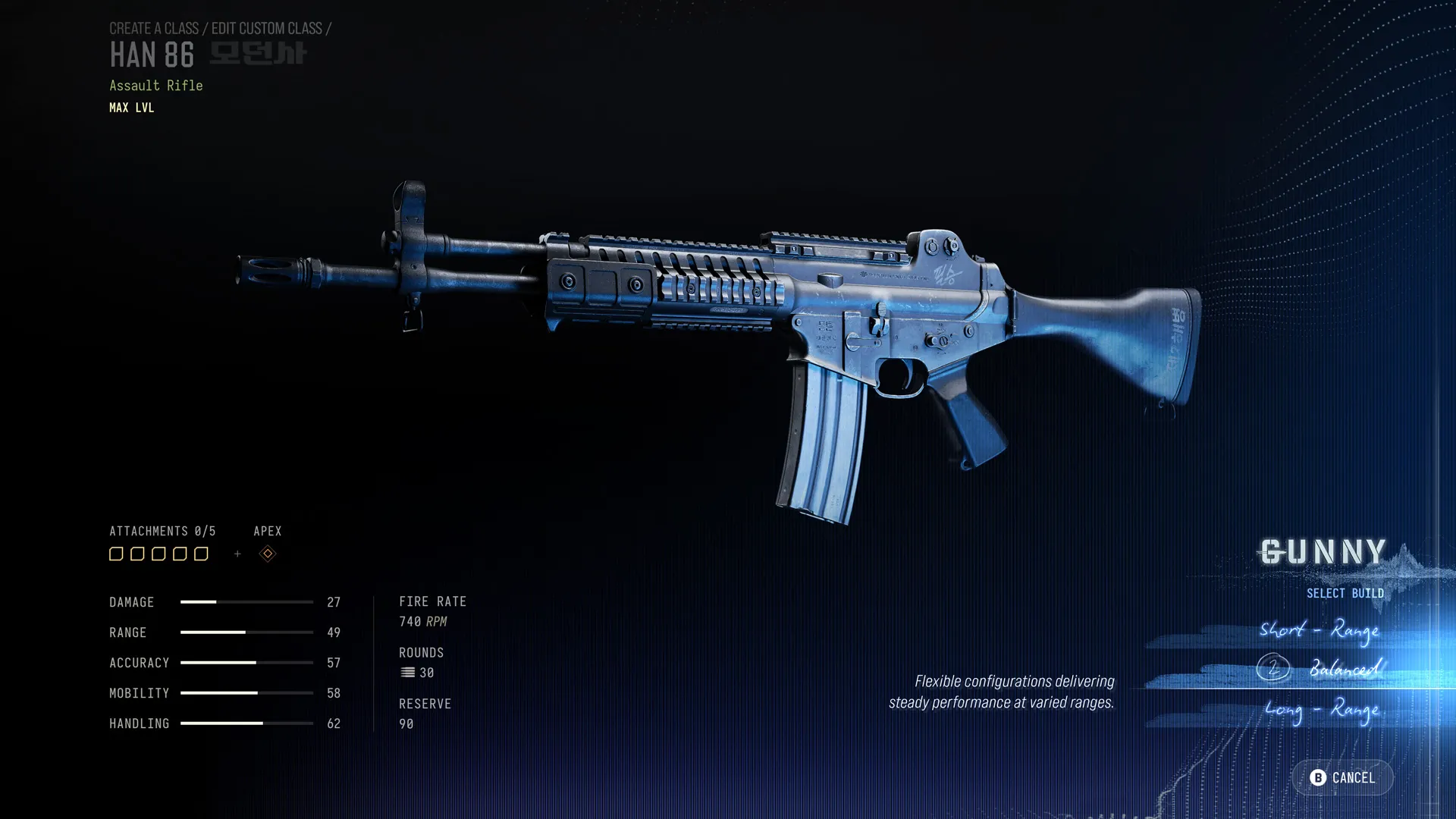 Menu do Gunny em Modern Warfare 4 mostrando as opções de curta distância, equilibrado e longo alcance para o fuzil HAN 86
