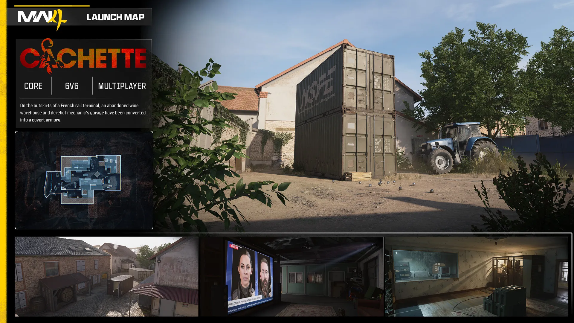 Painel oficial do mapa Cachette de Modern Warfare 4, com armazém, contêineres, imagem aérea e trechos do cenário