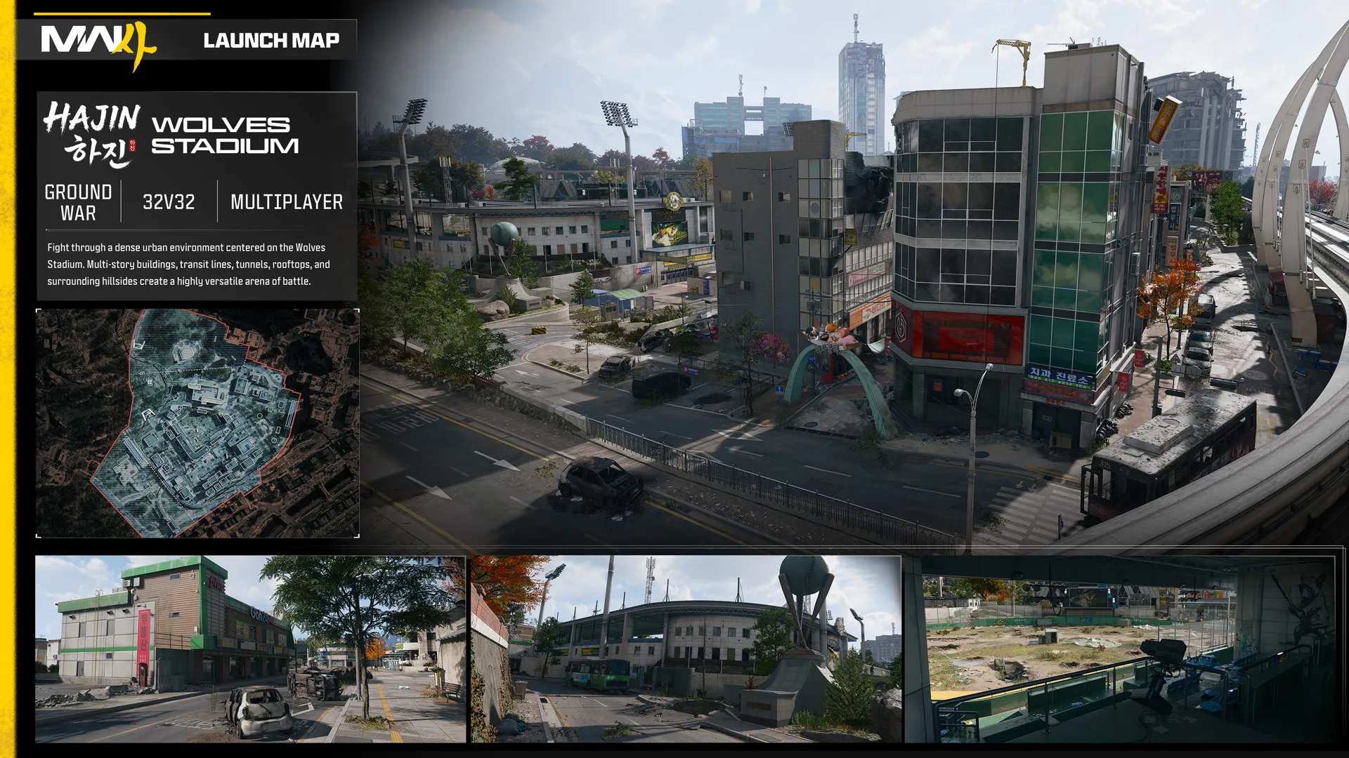 Panorama do mapa Wolves Stadium de Modern Warfare 4, com estádio, ruas e construções de Hajin