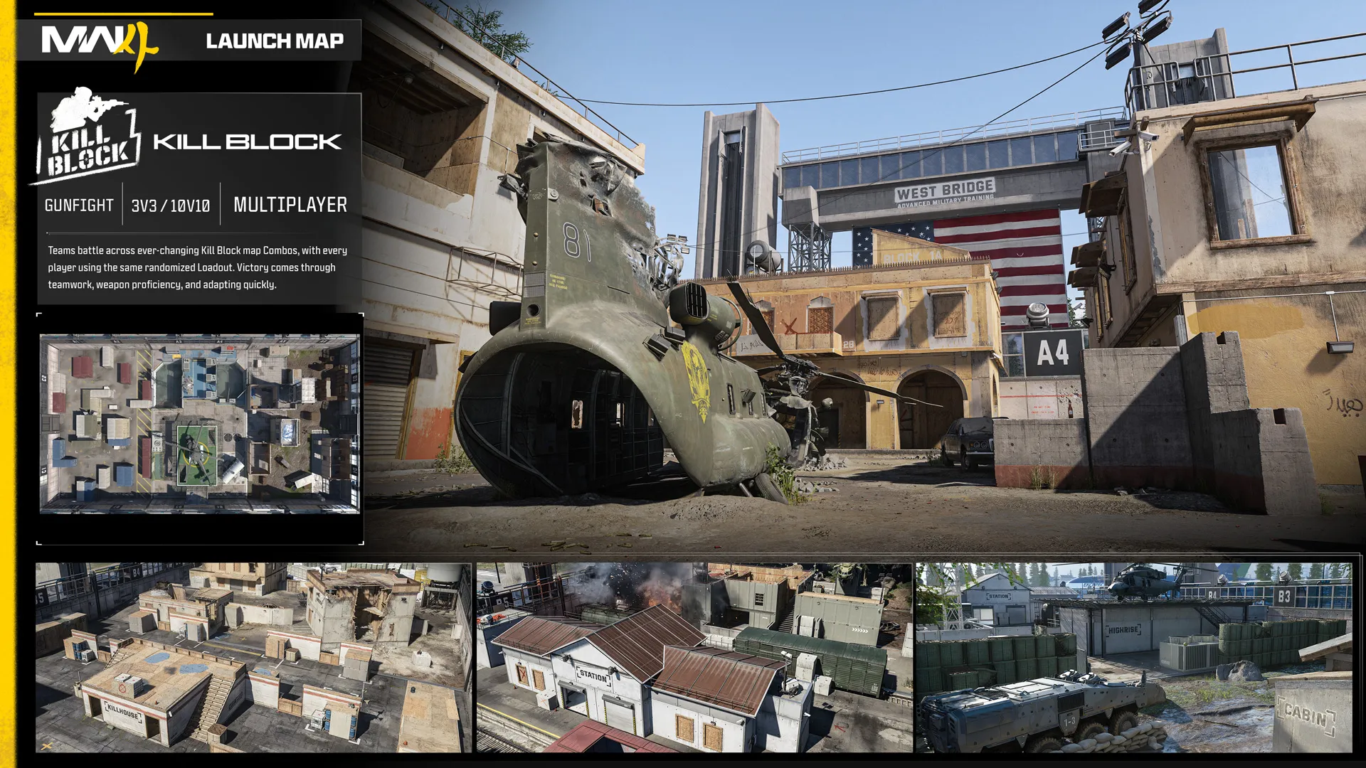 Mapa Kill Block em Modern Warfare 4 com setores modulares usados por Gunfight
