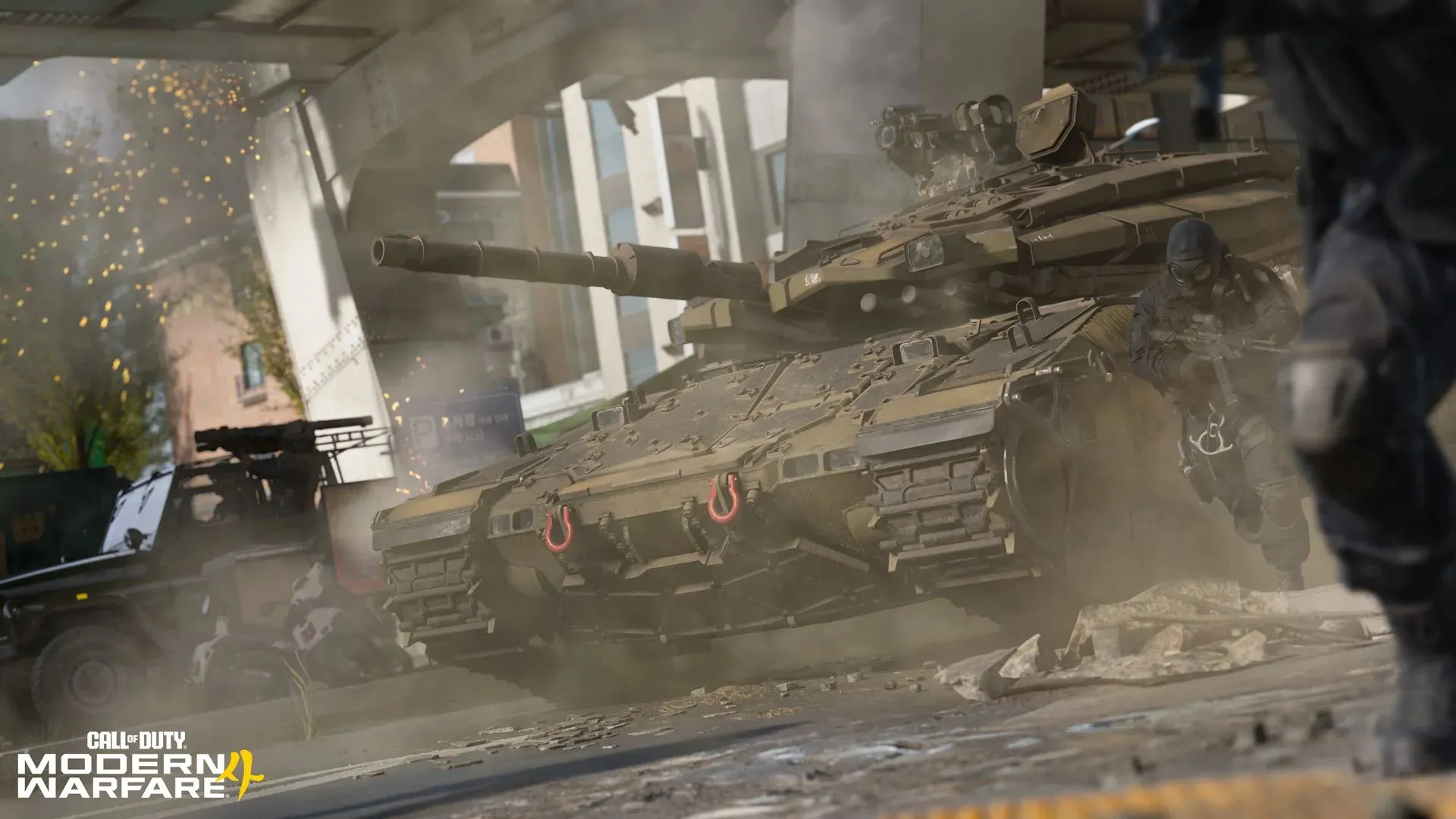 Tanque de guerra avança durante combate em larga escala de Modern Warfare 4