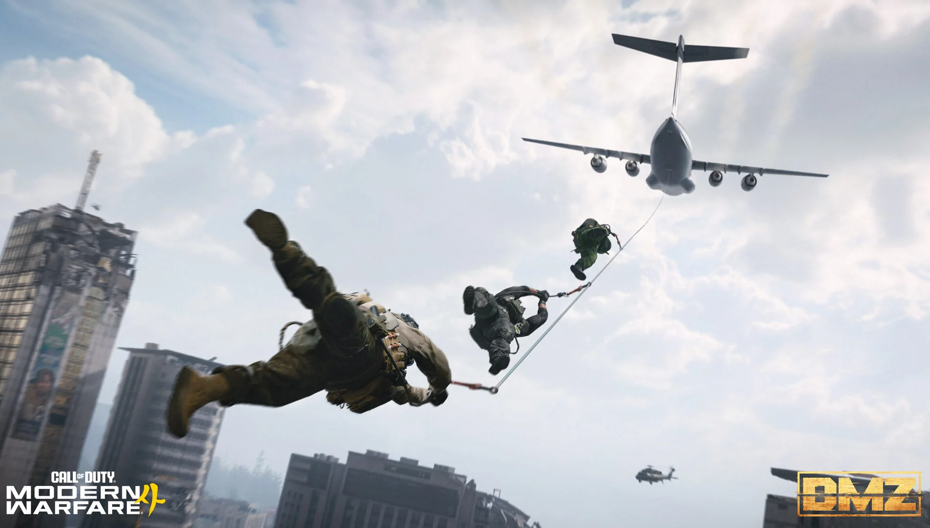 Operadores de Modern Warfare 4 realizam uma operação de extração com apoio de aeronave no modo DMZ