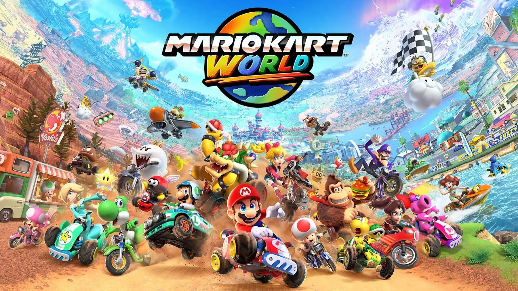 Mario e outros personagens disputando uma corrida em Mario Kart World