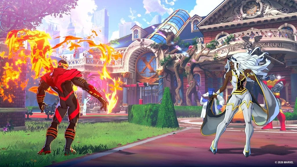 Ciclope Fênix utiliza poderes flamejantes em combate contra Tempestade no cenário dos X-Men em Marvel Tōkon