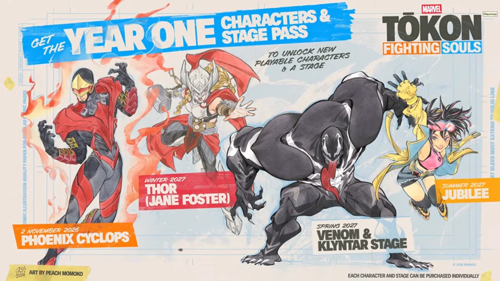 Arte do Passe do Ano 1 de Marvel Tōkon com Ciclope Fênix, Thor de Jane Foster, Venom e Jubileu