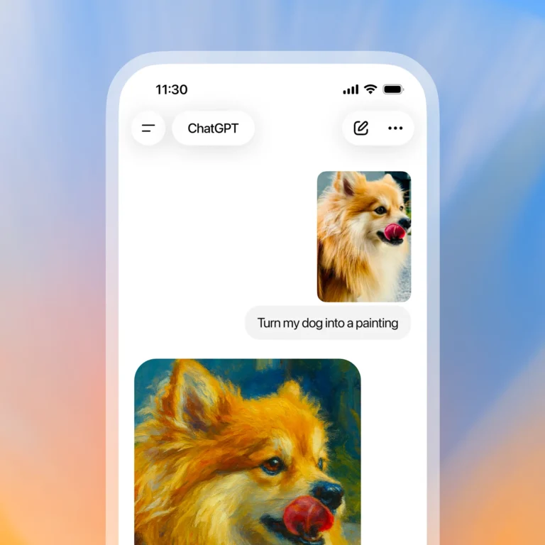 Aplicativo do ChatGPT no celular mostrando uma foto de cachorro e sua transformação em pintura
