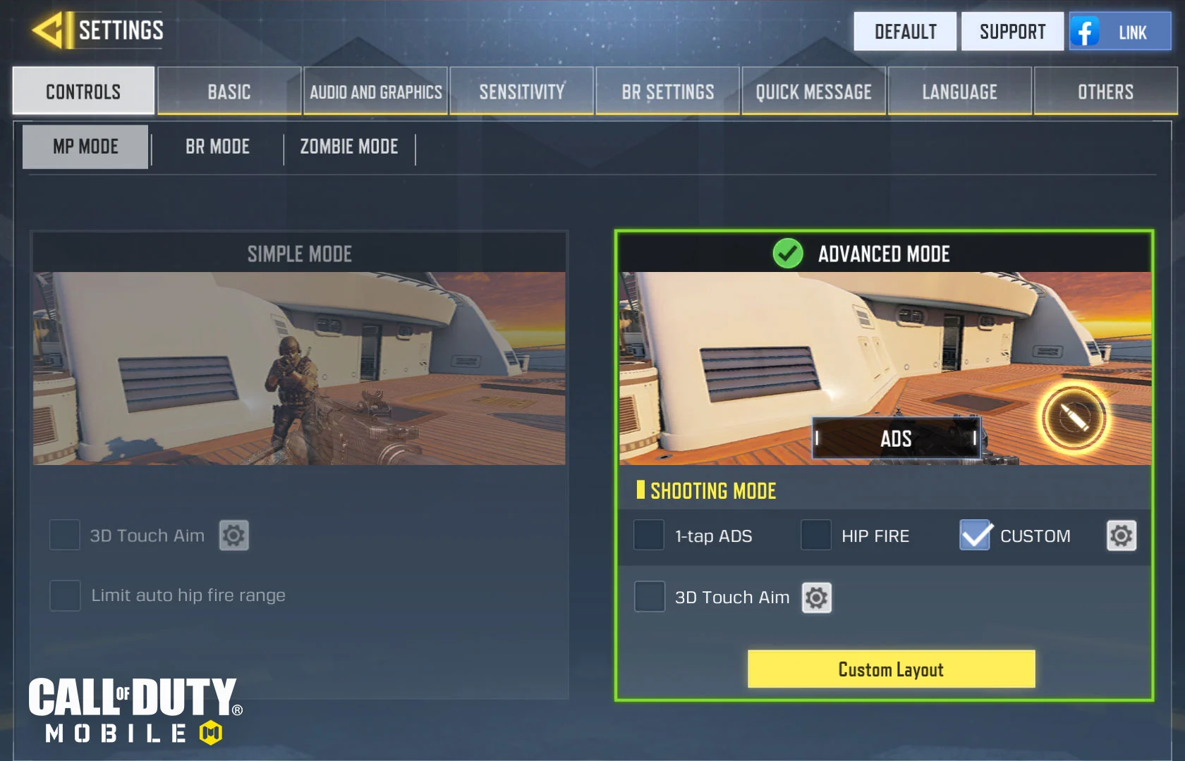Menu para personalizar os controles e HUD do Call of Duty Mobile