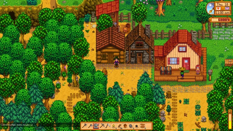 Captura oficial do multiplayer de Stardew Valley com personagens em uma fazenda compartilhada