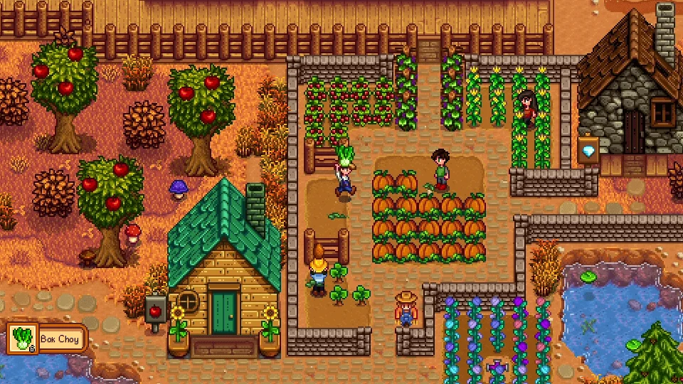 Quatro personagens trabalham juntos em uma plantação no modo multiplayer de Stardew Valley