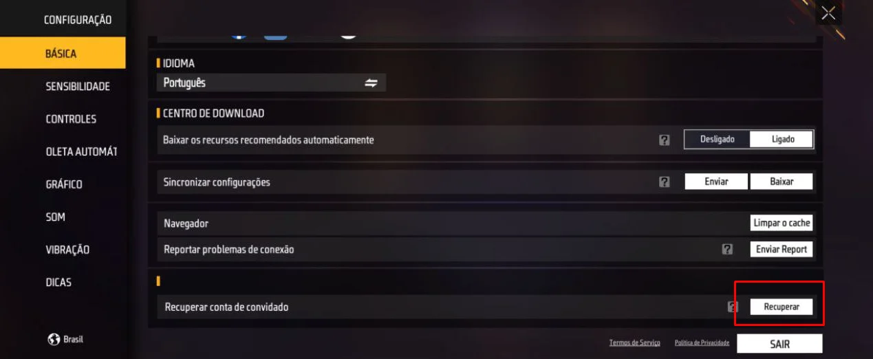 Configurações do Free Fire mostrando o botão Recuperar conta de convidado