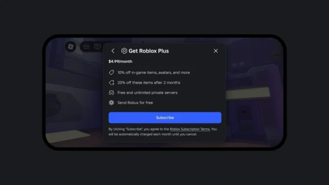 Tela oficial de apresentação do Roblox Plus no celular, com preço mensal e benefícios de descontos em itens