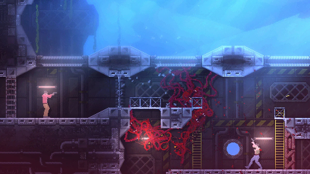 Criatura de CARRION atravessa uma instalação industrial no Nintendo Switch