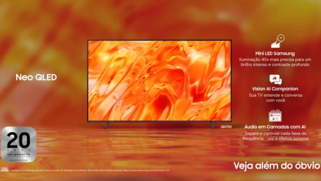 Imagem promocional da Neo QLED QN70H com destaques de Mini LED, Vision AI e som com inteligência artificial