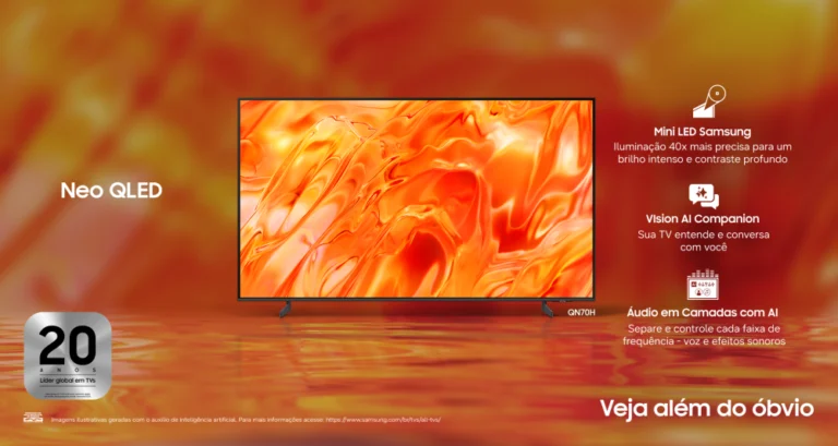 Imagem promocional da Neo QLED QN70H com destaques de Mini LED, Vision AI e som com inteligência artificial