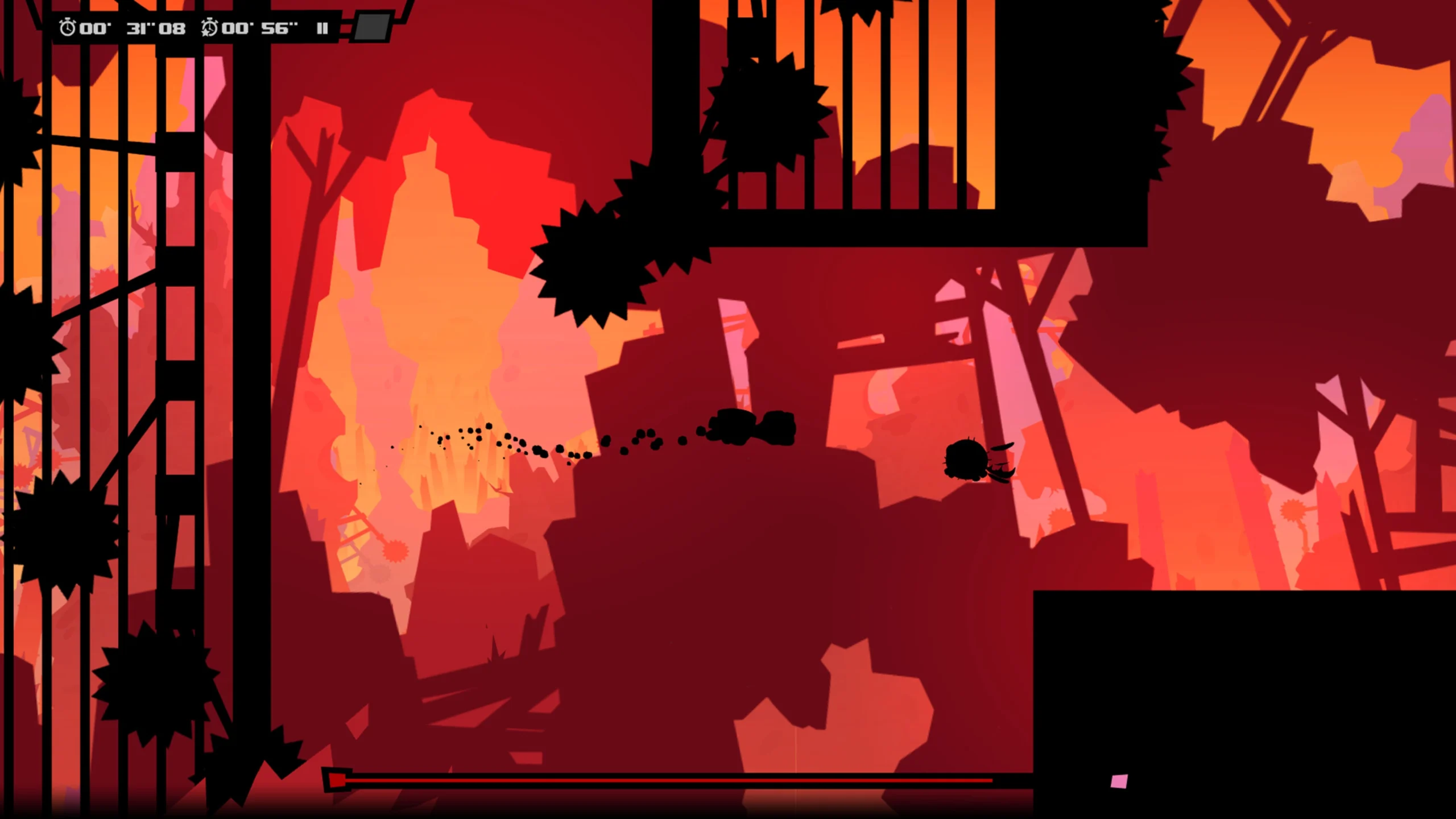 Super Meat Boy Forever mostra fase de plataforma em tons de vermelho e laranja, serras e obstáculos