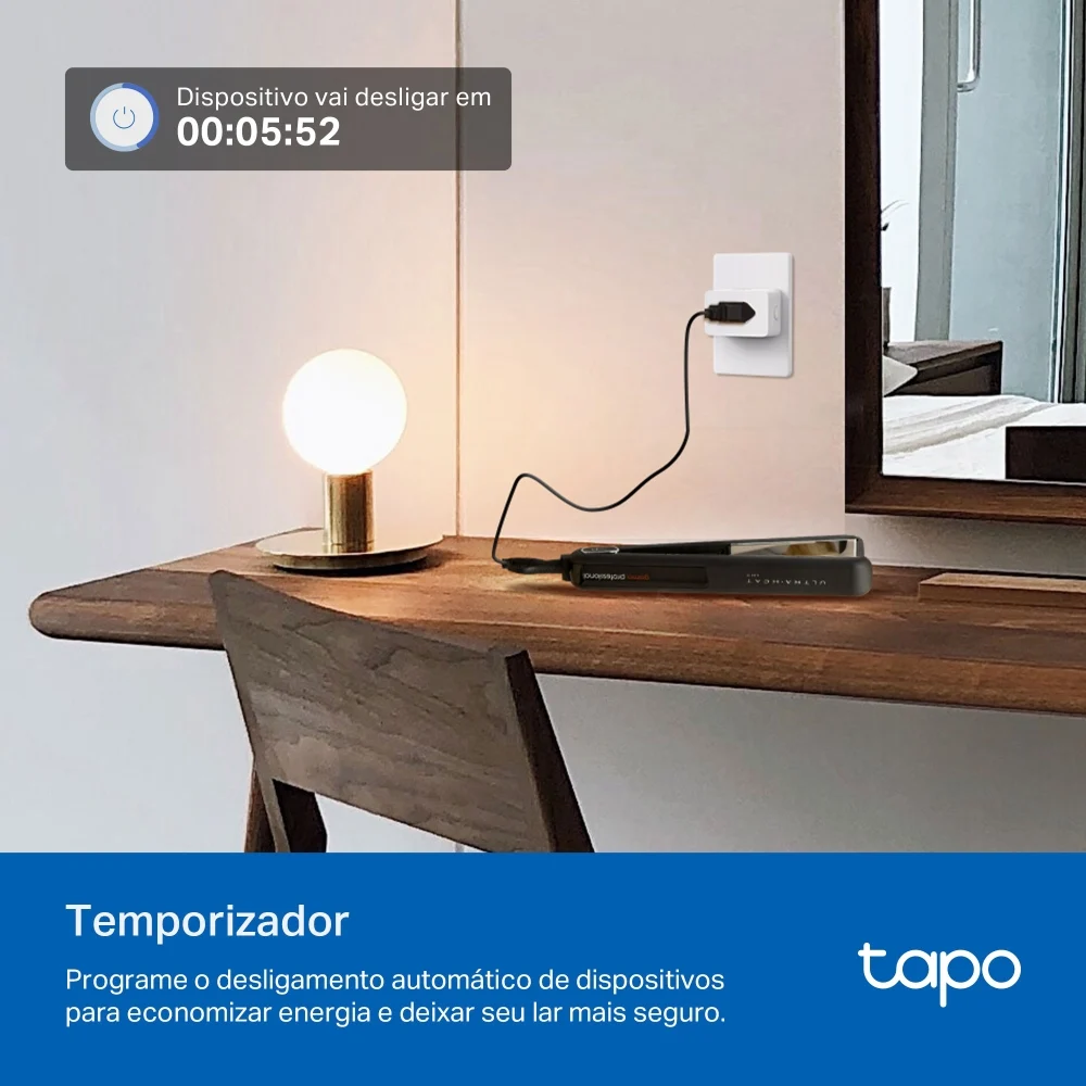 Tomada inteligente TP-Link Tapo controlando uma luminária por temporizador