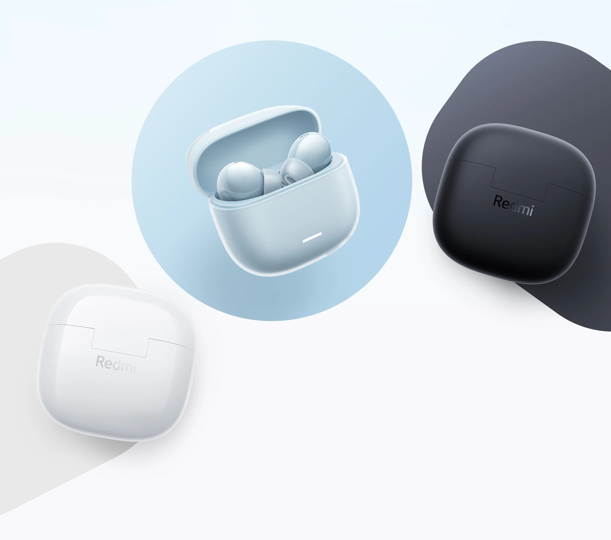 Redmi Buds 6 Lite nas cores azul, preto e branco com estojo de carregamento